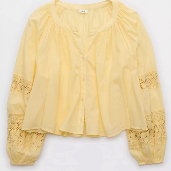 American Eagle Outfitters Tops - Aerie 100% Cotton Butter Yellow Crochet Button Down Shirt  Size M